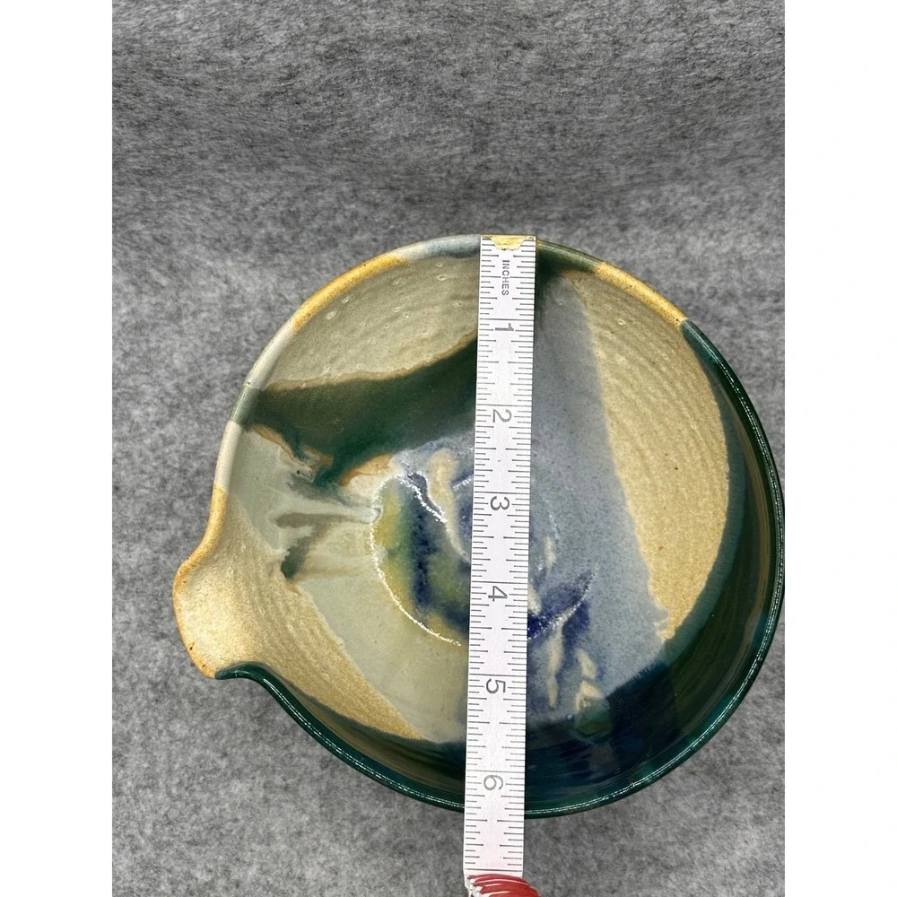 Handmade Studio Pottery Batter Bowl Green Blue Drip Glaze Signed Spout Handle